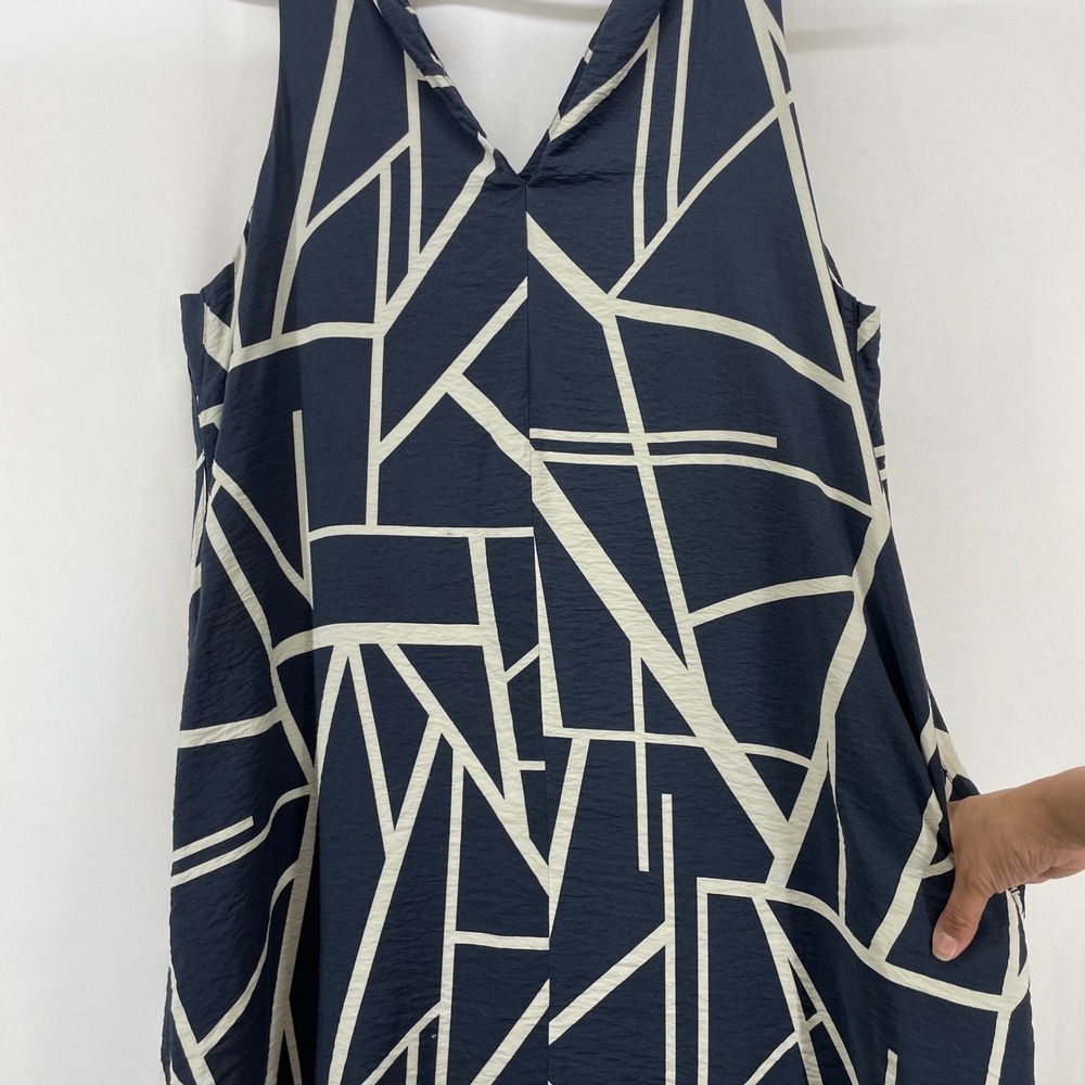 Banana Republic Size XL Shift Dress Navy Blue Geometric Abstract V-Neck Pockets - Picture 3 of 8